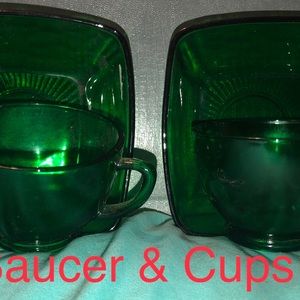 Vintage Anchor Hocking Charm Forest Green Cup & Saucer Sets